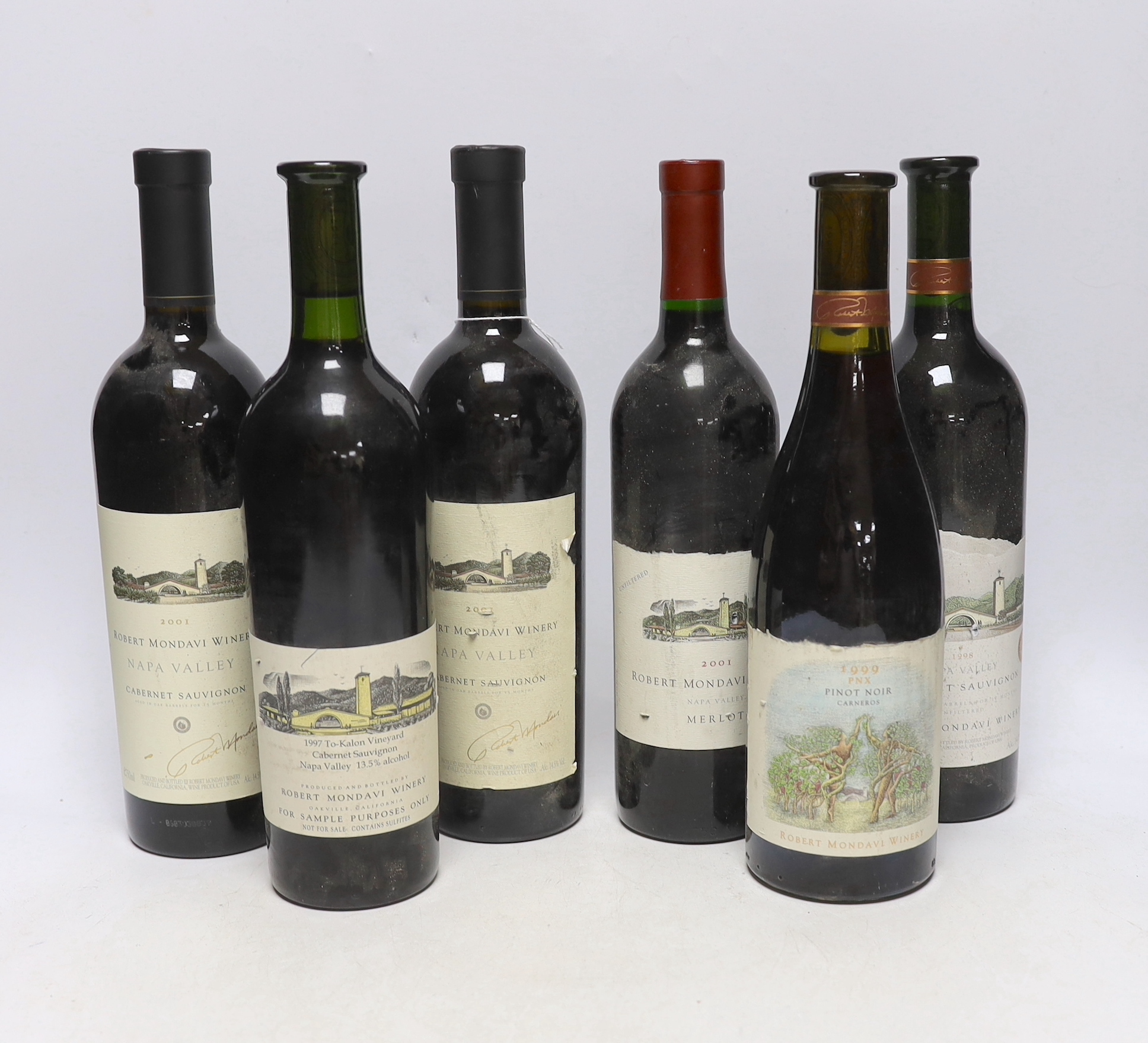 Six bottles of Robert Mondavi wine; four Cabinet Sauvignon; 1997, 1998 and 2001, a 2001 Merlot and a 1999 Pinot Noir
